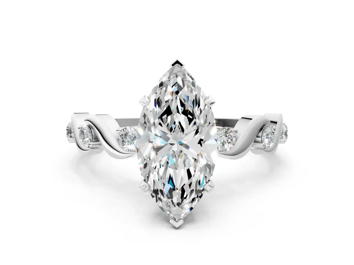 Marquise Cut Diamond Solitaire Twisted Band with Round Accents and Prong Setting Silver