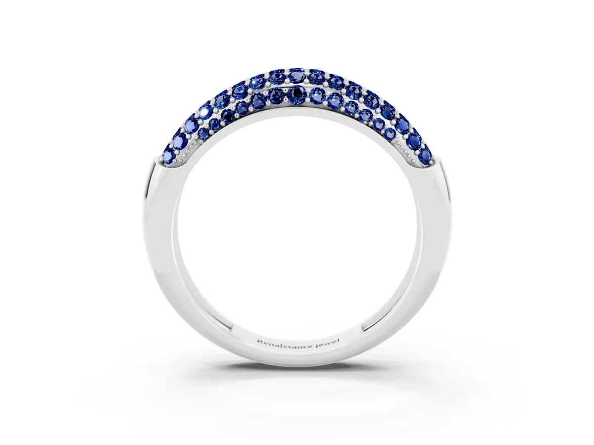 Three-Row Pavé Round Blue Sapphire Dome Band Silver