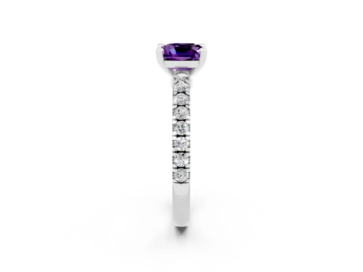 Cushion Cut Solitaire Amethyst with Pavé Band and Four-Prong Setting Silver