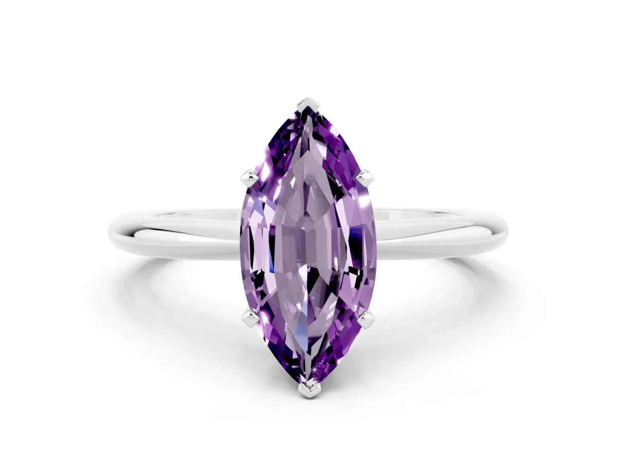 Marquise Cut Amethyst Solitaire Ring with Six-Prong Setting and Classic Band Silver