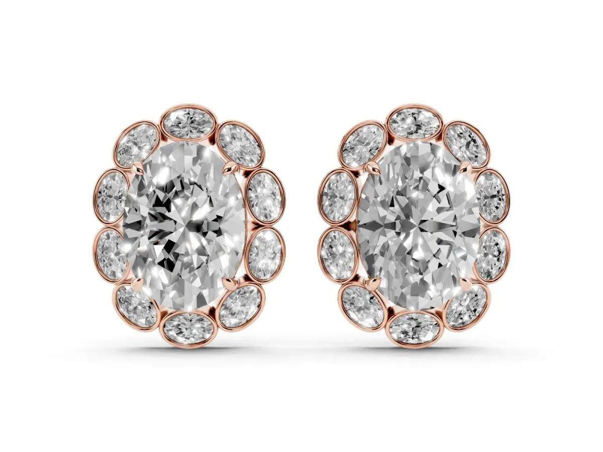 Oval Diamond Halo Stud Earrings with Oval Diamond Accents Rose gold
