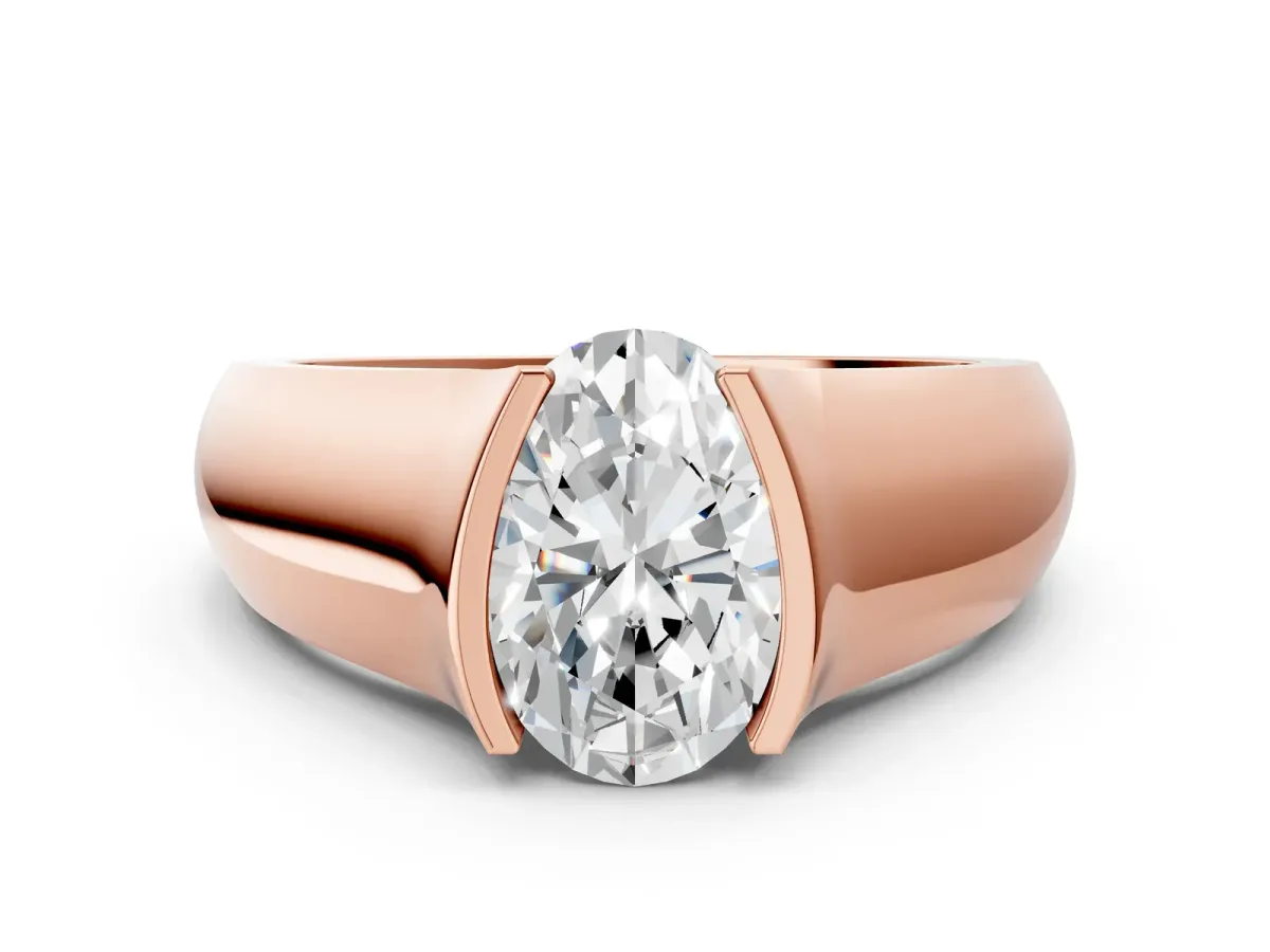Oval Cut Solitaire Bezel Set Diamond Ring with Wide Band Rose gold