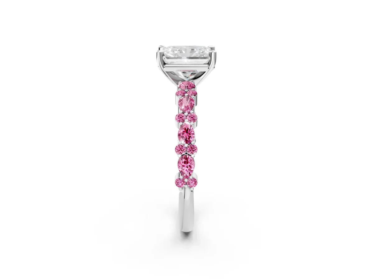 Radiant Cut Diamond Side Stone Solitaire Ring with Round Pink Sapphire and Four-Prong Setting Silver