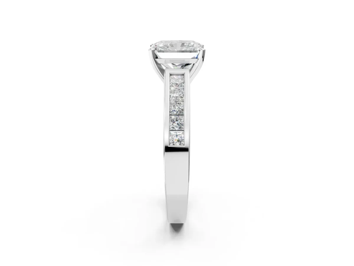 Radiant Cut Solitaire Diamond Ring with Channel-Set Band and Four-Prong Setting Platinum