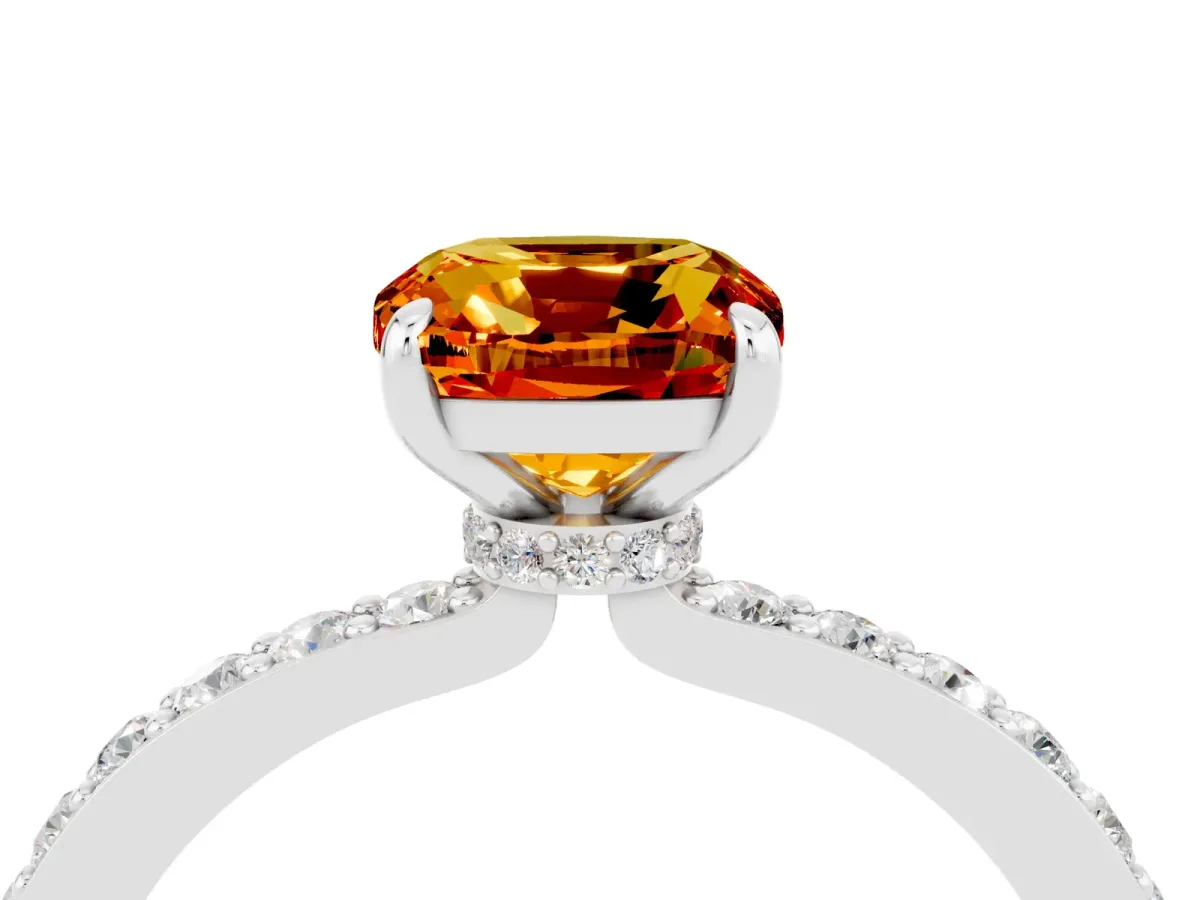 Cushion Cut Citrine Solitaire Engagement Ring with Pavé Band and Four-Prong Setting Silver