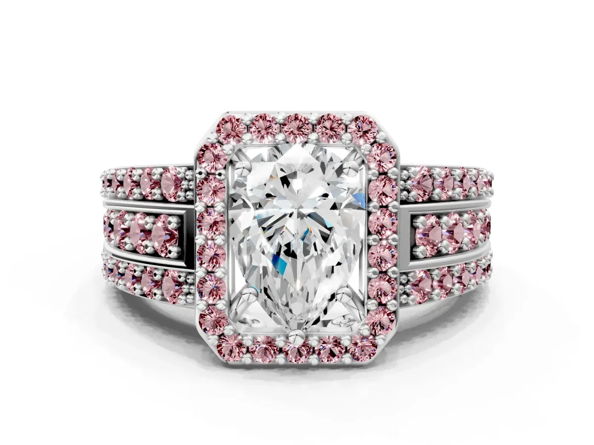Pear Cut Halo Diamond Ring with Round Morganite Split Shank and Prong Setting Silver