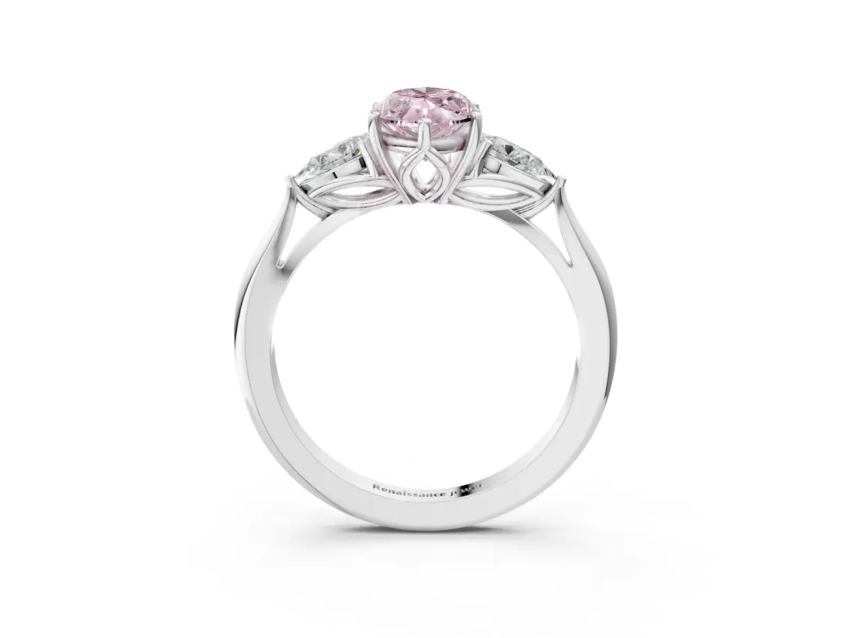 Fancy Pink Marquise Cut Diamond Three-Stone Ring with Pear Side Stones and Prong Setting White gold