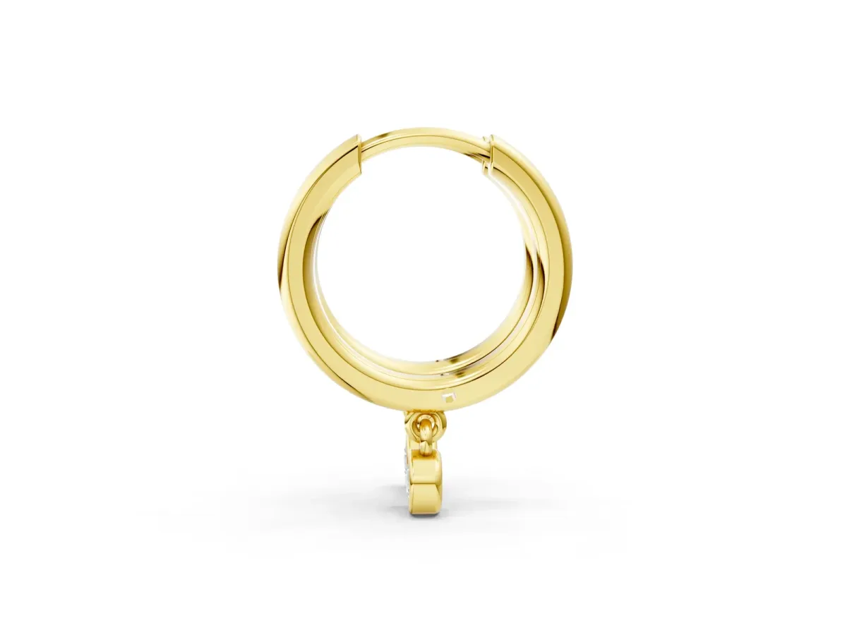 Round Diamond Bezel Drop Huggie Hoop Earrings Yellow gold