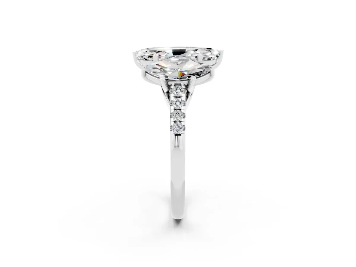 Three-Stone Marquise Cut Moissanite Ring with Round Pavé Band and Prong Setting Silver