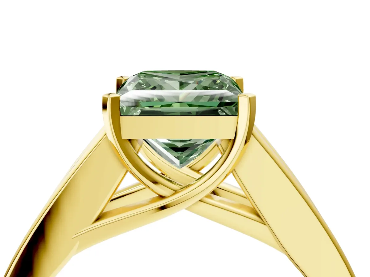 Fancy Green Princess Cut Cut Channel Set Solitaire Ring with Four-Prong Setting Yellow gold
