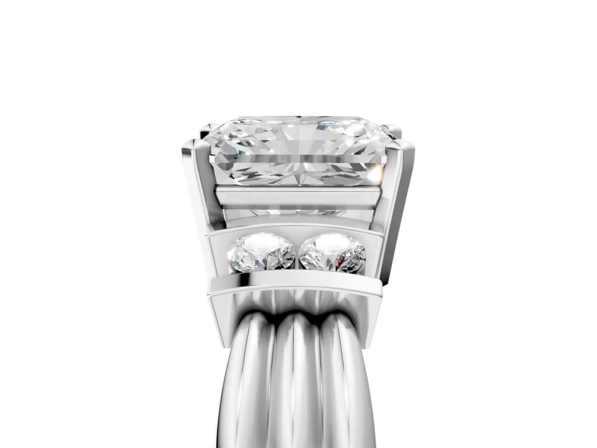 Radiant Cut Cut Three-Stone Channel Set Ring with Bar Prongs Platinum