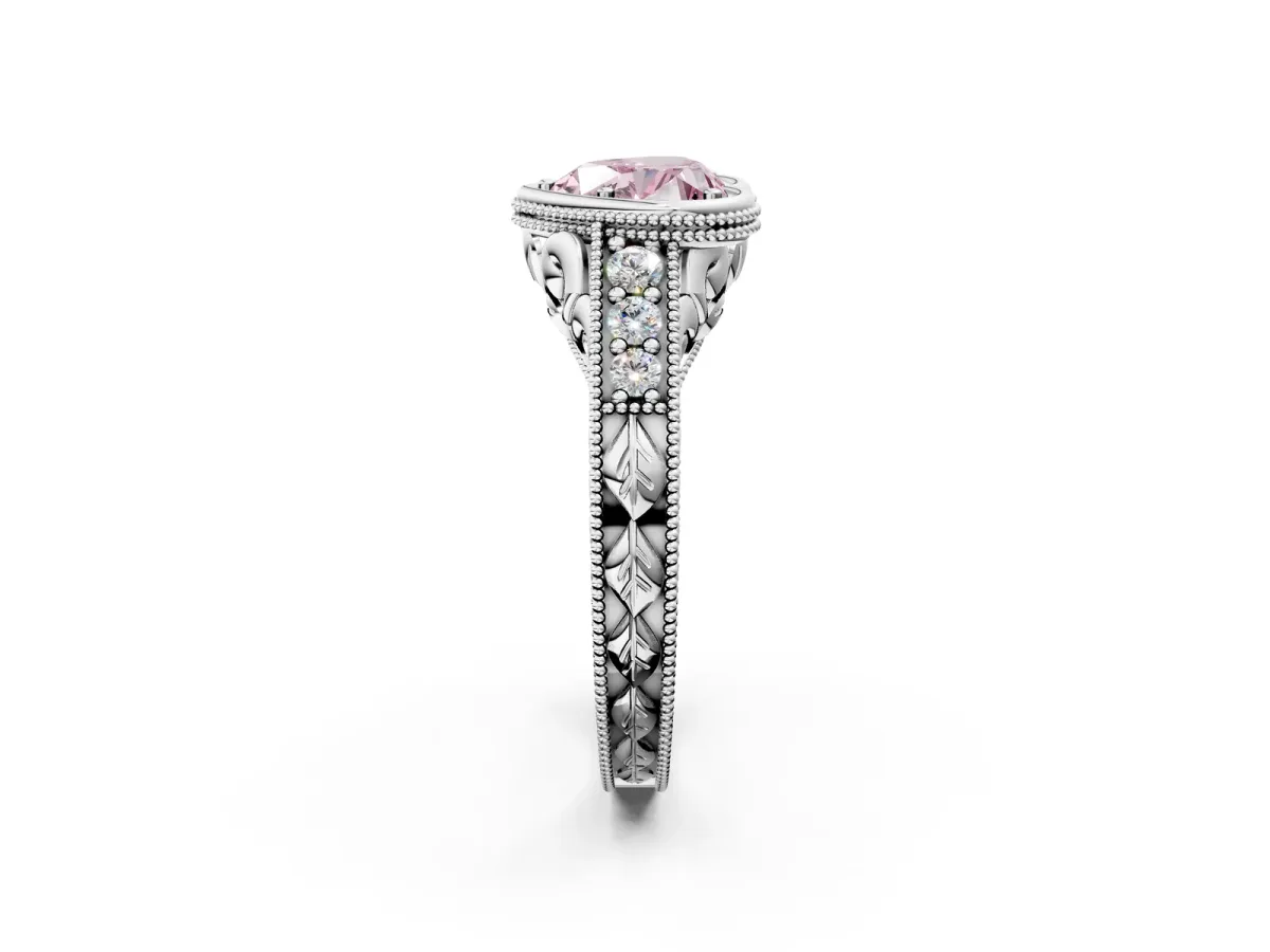 Fancy Pink Bezel Set Heart Cut Diamond Milgrain Pave Engagement Ring Platinum
