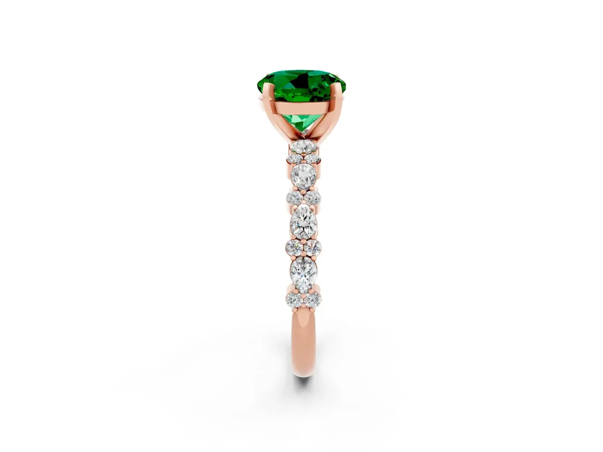 Round Cut Emerald Side Stone Solitaire Ring with Round and Four-Prong Setting Rose gold