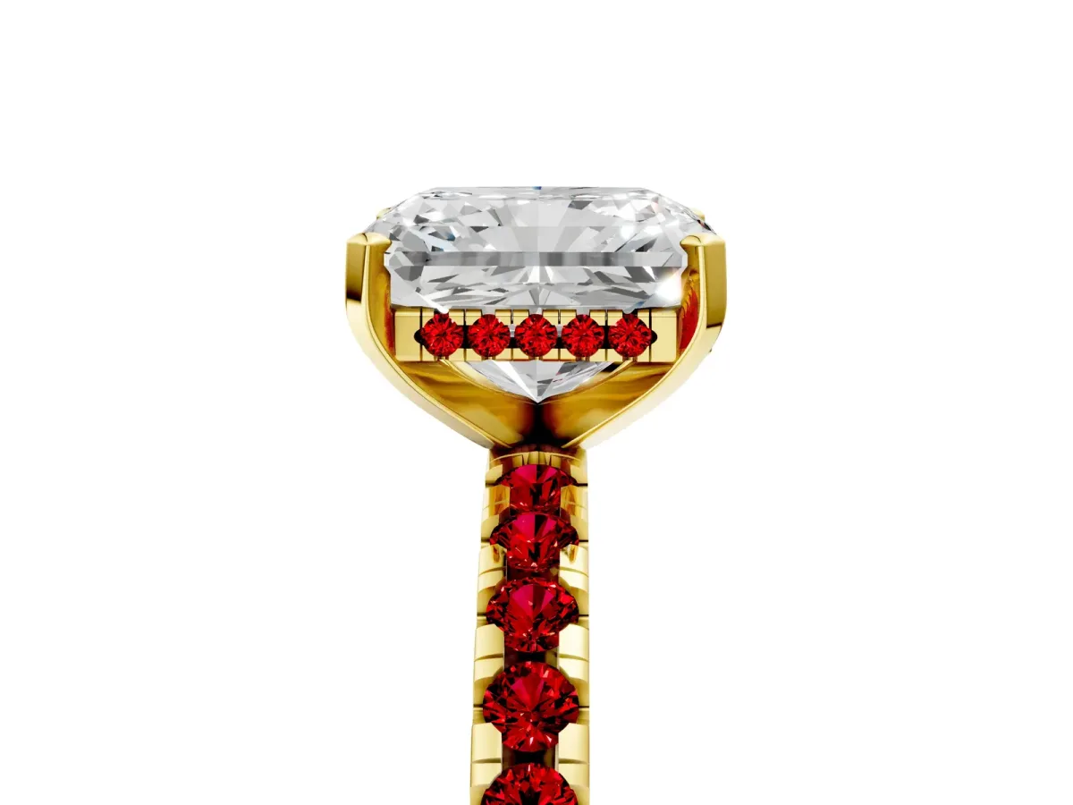 Radiant Cut Diamond Solitaire Ring with Round Ruby Pavé Band and Four-Prong Setting Yellow gold