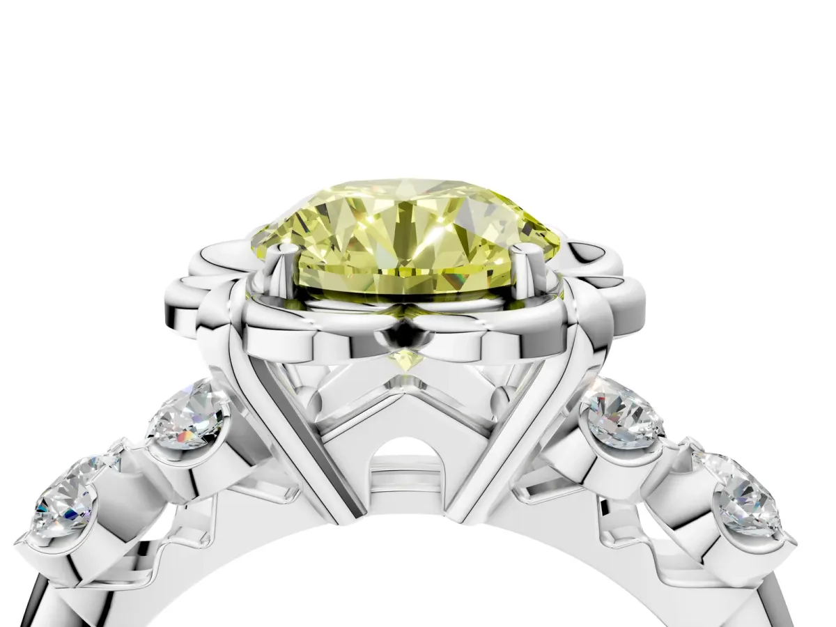 Fancy Yellow Round Cut Cut Diamond Floral Halo Engagement Ring with Shared Prong Setting Silver