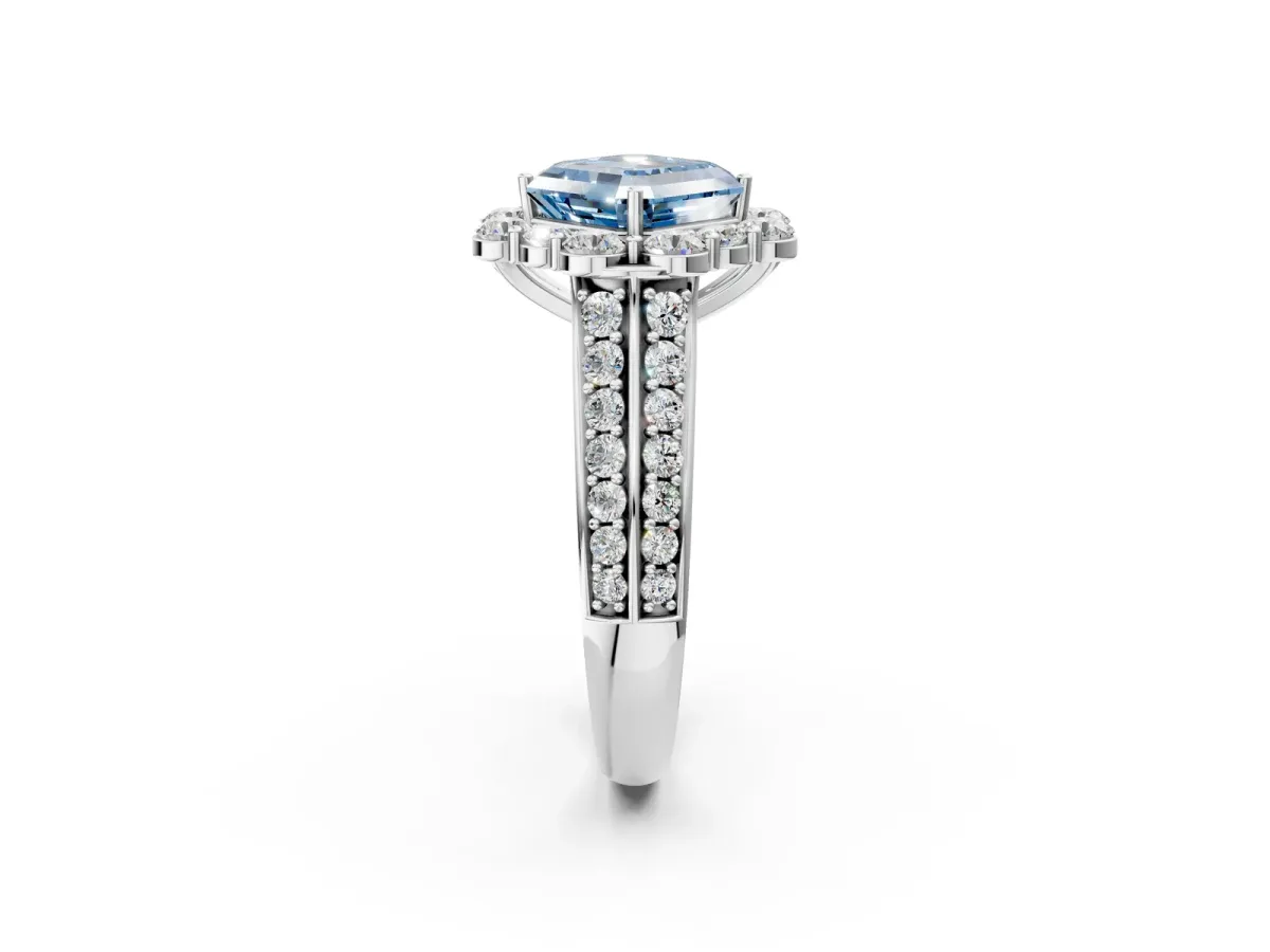 Fancy Blue Asscher Cut Halo Diamond Engagement Ring with Split Shank and Prong Setting Platinum