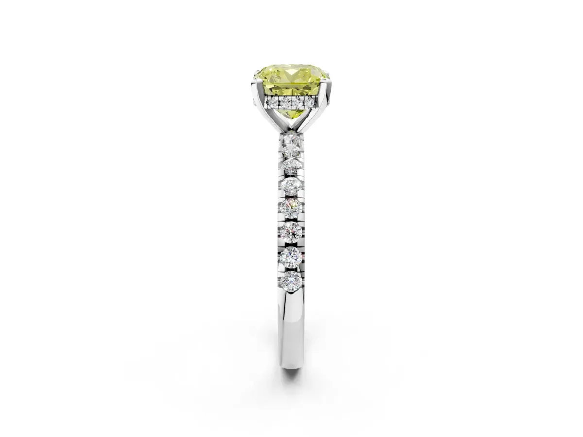 Fancy Yellow Cushion Cut Diamond Solitaire Ring with Round Pavé Band and Four-Prong Setting Silver