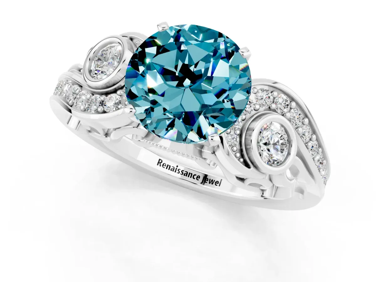 Round Cut Blue Topaz Solitaire Ring with Milgrain Pavé Band and Four-Prong Setting Silver
