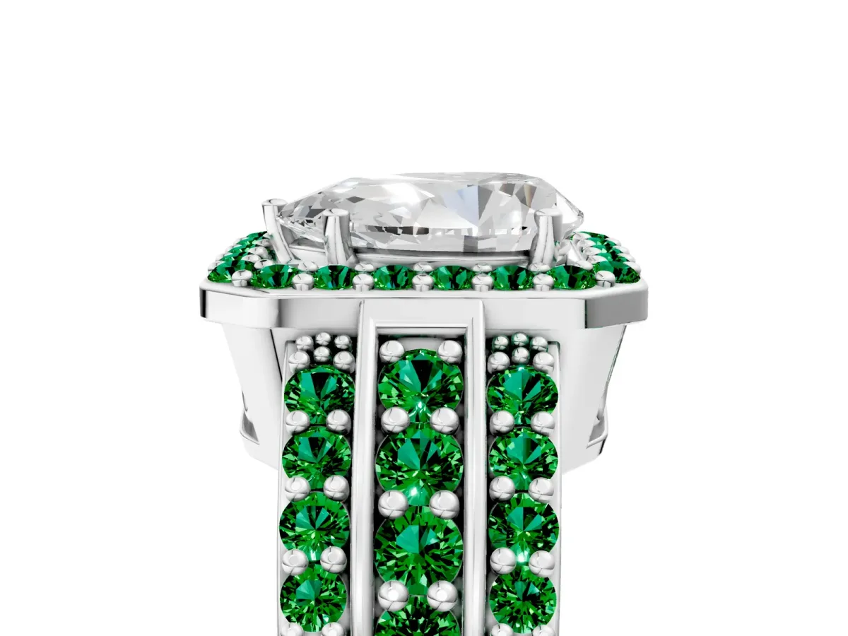 Pear Cut Halo Diamond Ring with Round Emerald Split Shank and Prong Setting Silver