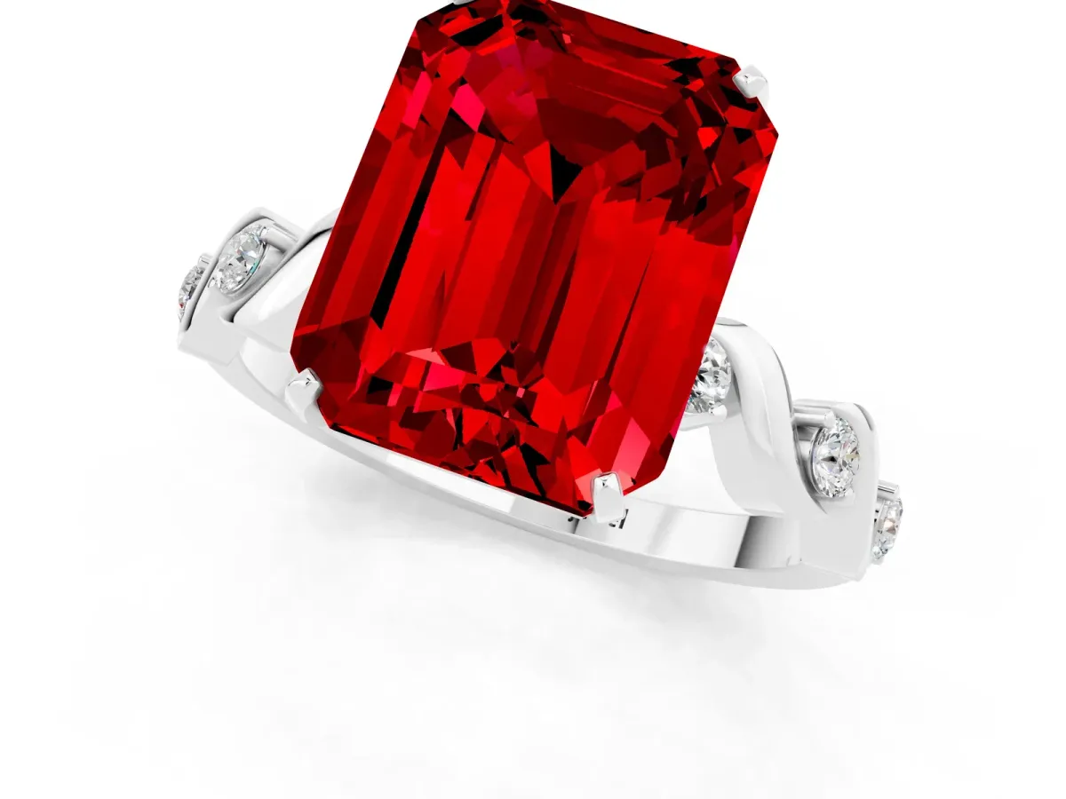 Emerald Cut Ruby Solitaire Twisted Band with Round Accents and Prong Setting White gold