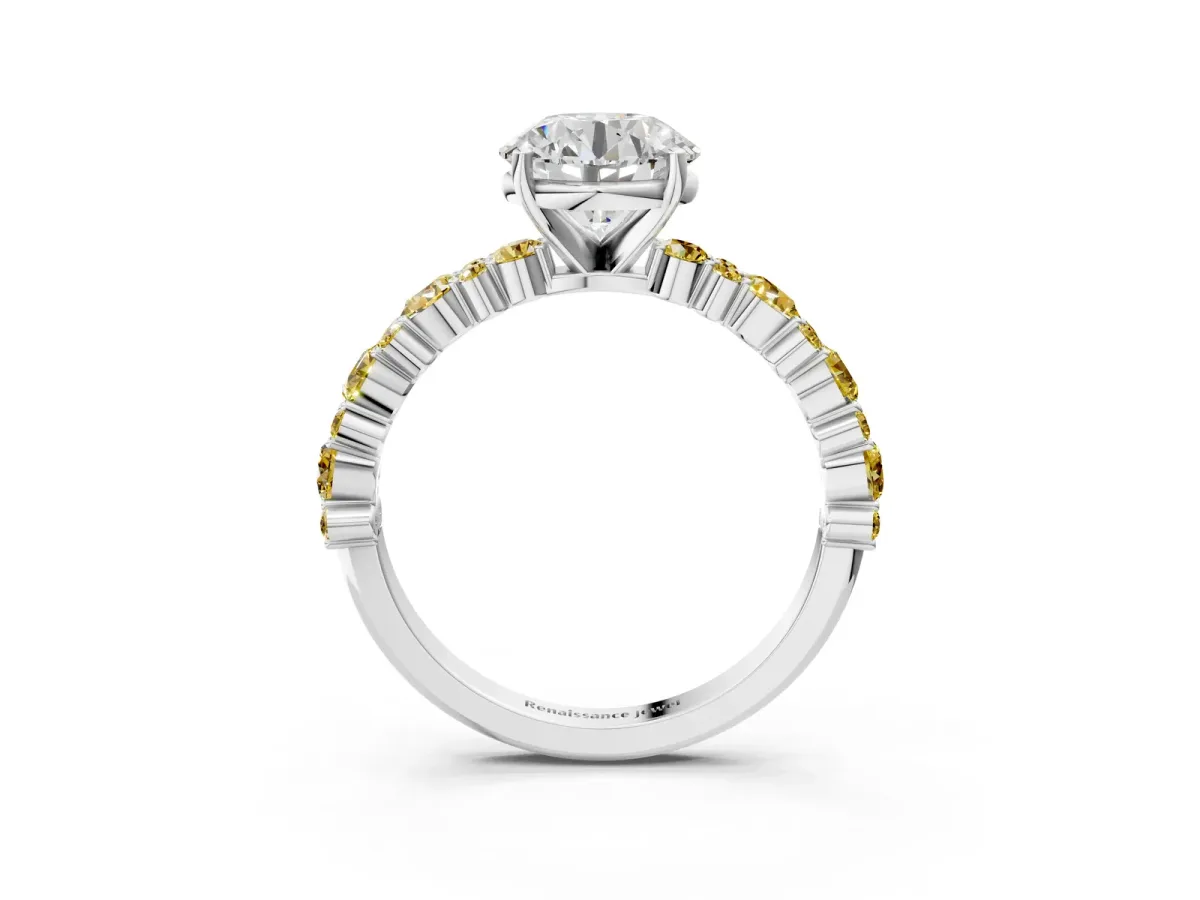Round Cut Diamond Side Stone Solitaire Ring with Round Yellow Sapphire and Four-Prong Setting Silver