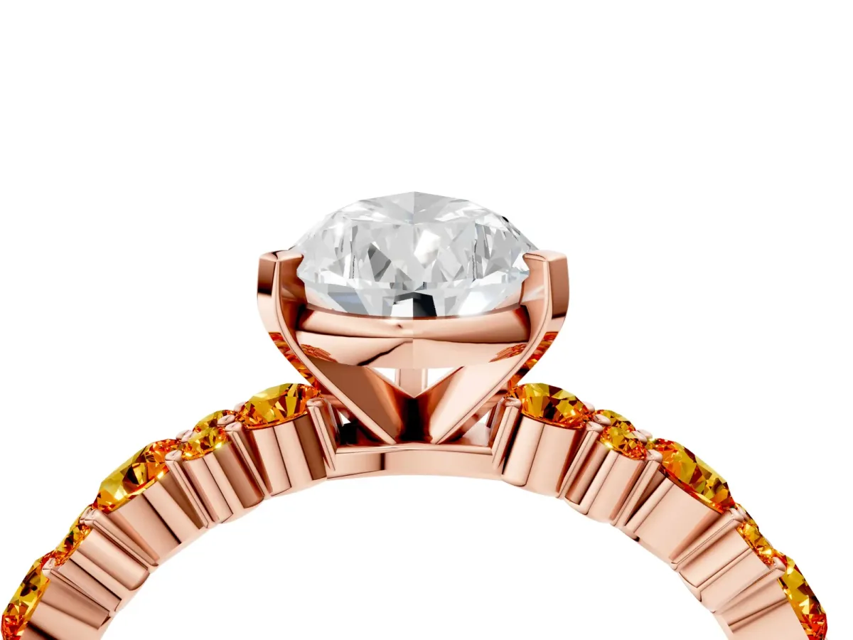 Pear Cut Diamond Side Stone Solitaire Ring with Round Citrine and Four-Prong Setting Rose gold