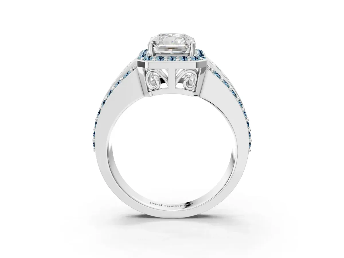 Radiant Cut Halo Diamond Ring with Round Aquamarine Split Shank and Prong Setting Silver