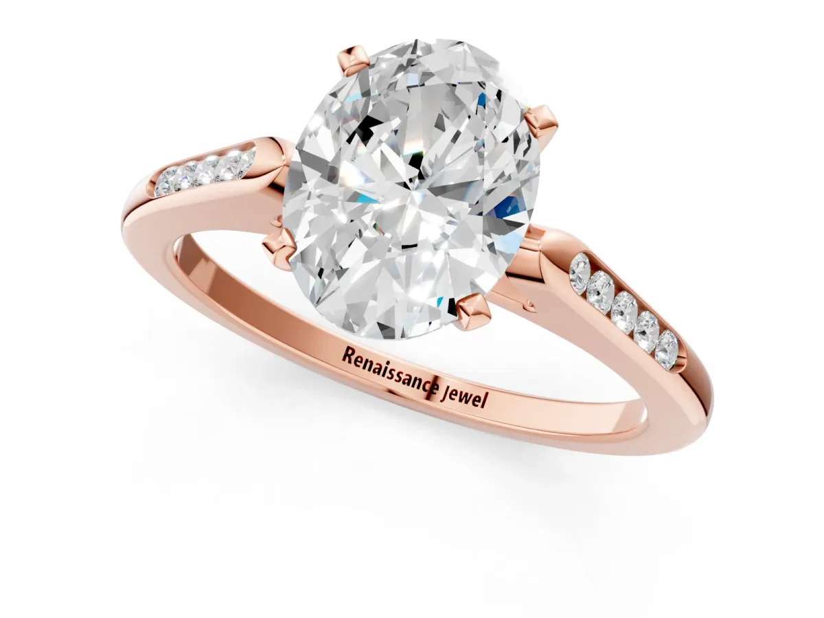 Oval Cut Diamond Solitaire Ring with Channel Set Round Band and Prong Setting Rose gold