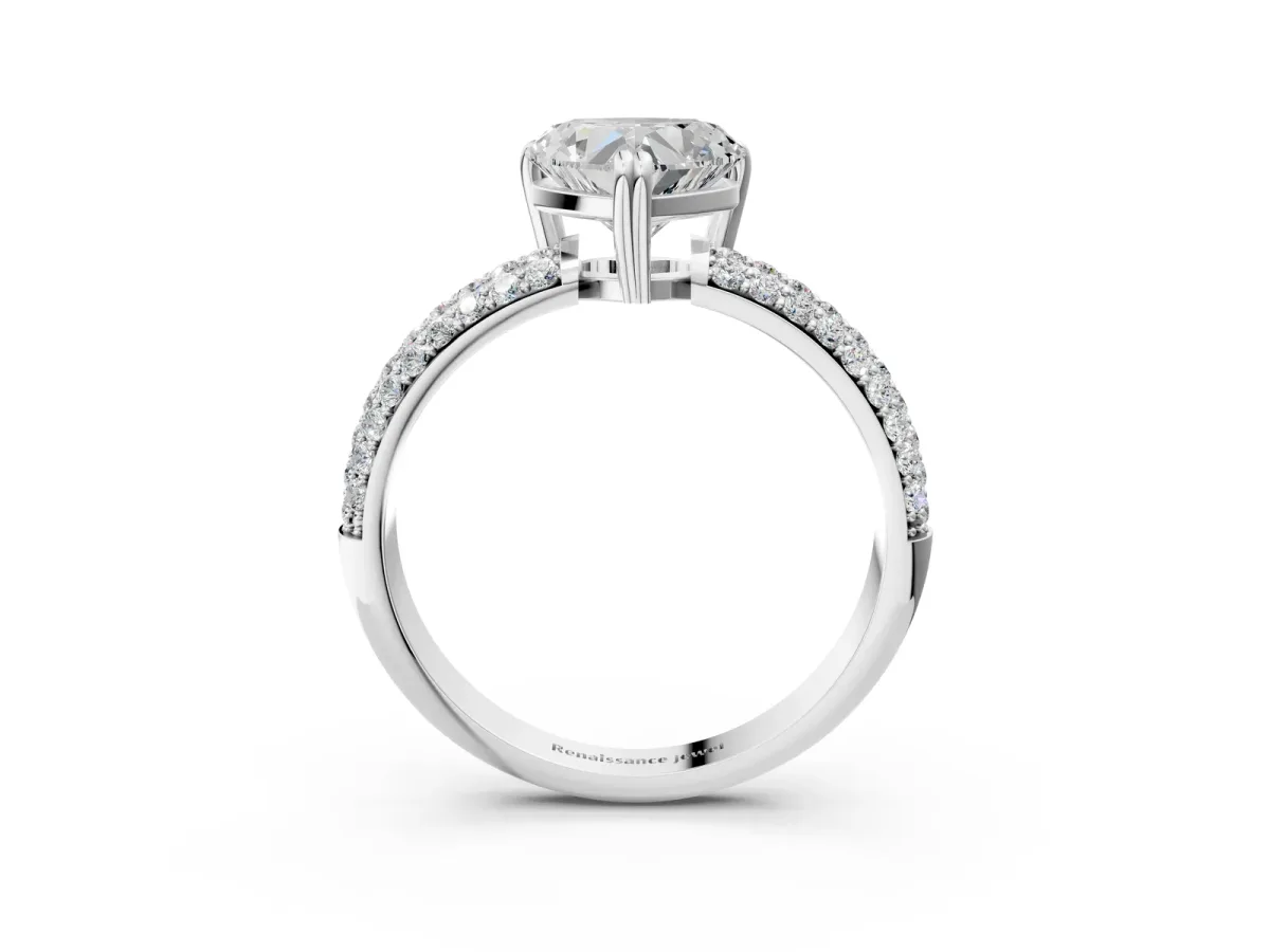 Heart Cut Diamond Solitaire Ring with Multi-Row Round Pavé Band and Prong Setting White gold