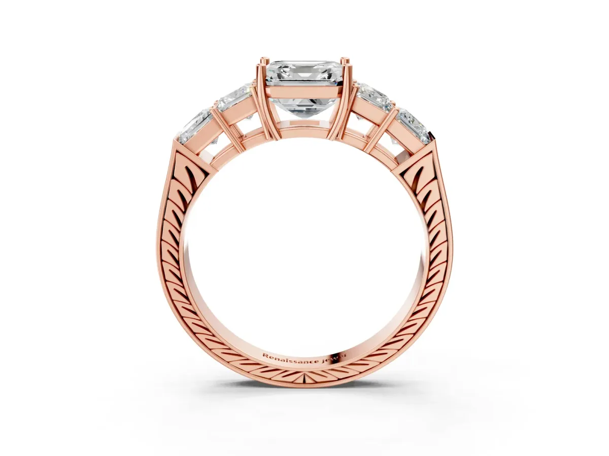 Asscher Cut Solitaire Princess Side Stone Engraved Band Prong Setting Ring Rose gold