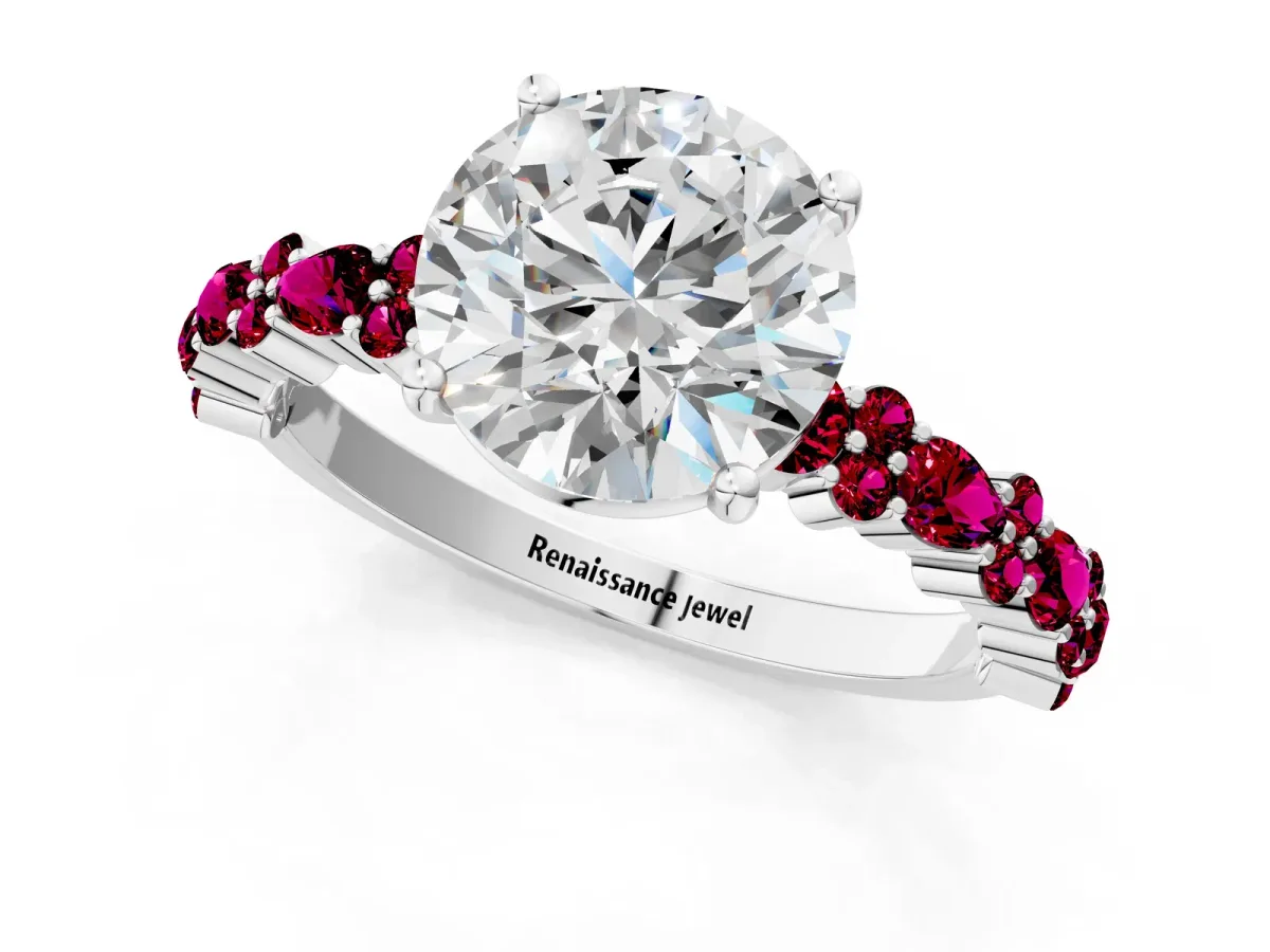 Round Cut Diamond Side Stone Solitaire Ring with Round Garnet and Four-Prong Setting Platinum