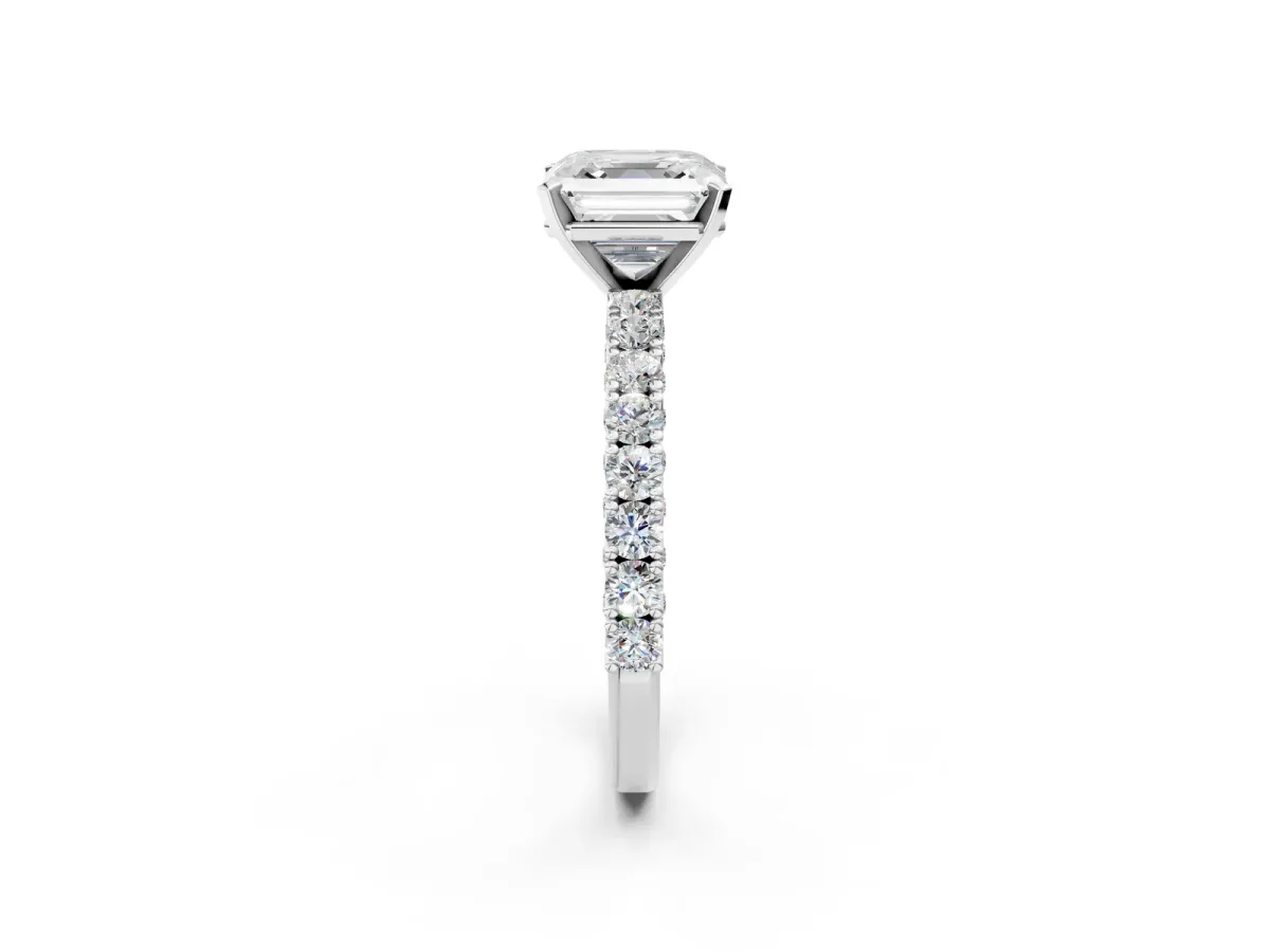 Asscher Cut Diamond Solitaire Ring with Round Accent Pavé Band and Prong Setting Platinum