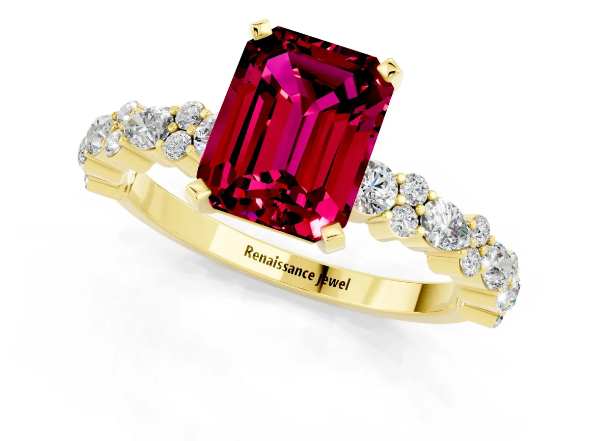 Emerald Cut Garnet Side Stone Solitaire Ring with Round and Four-Prong Setting Yellow gold