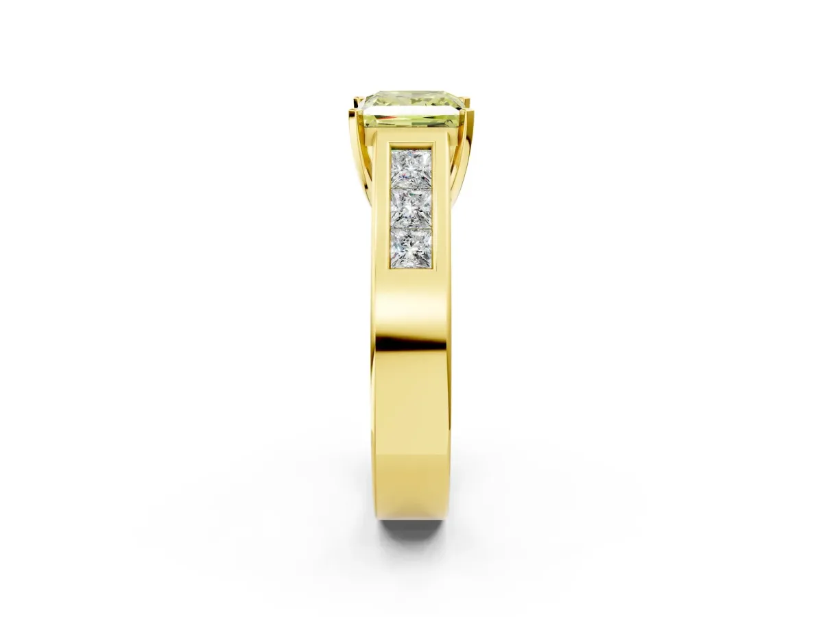 Fancy Yellow Princess Cut Cut Channel Set Solitaire Ring with Four-Prong Setting Yellow gold