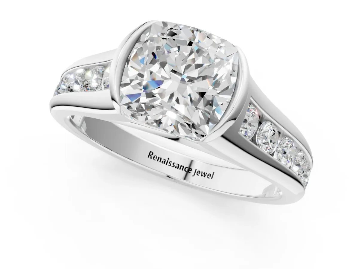 Cushion Cut Solitaire Bezel-Set Diamond Ring with Channel-Set Band Platinum