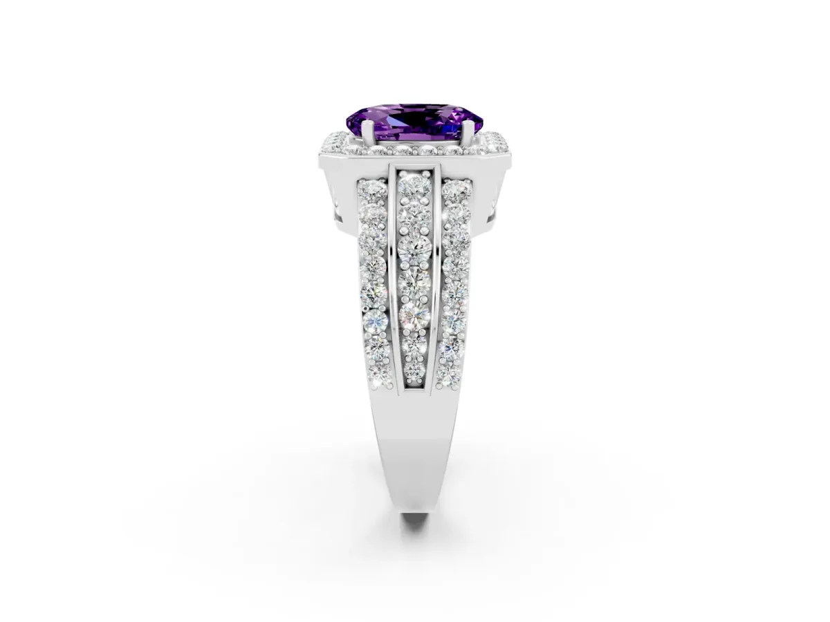 Oval Cut Halo Amethyst Ring with Round Split Shank and Prong Setting Silver