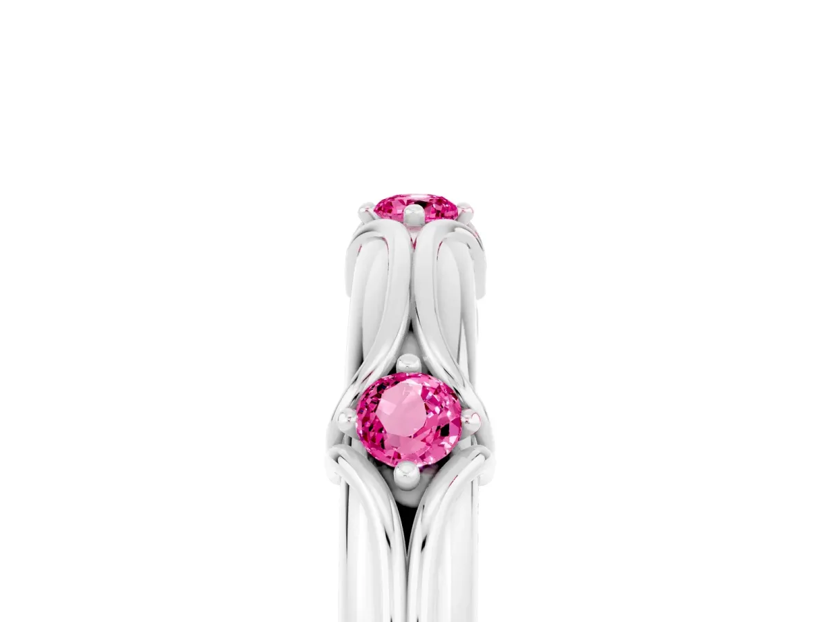 Round Pink Sapphire Prong Set Milgrain Eternity Band Silver