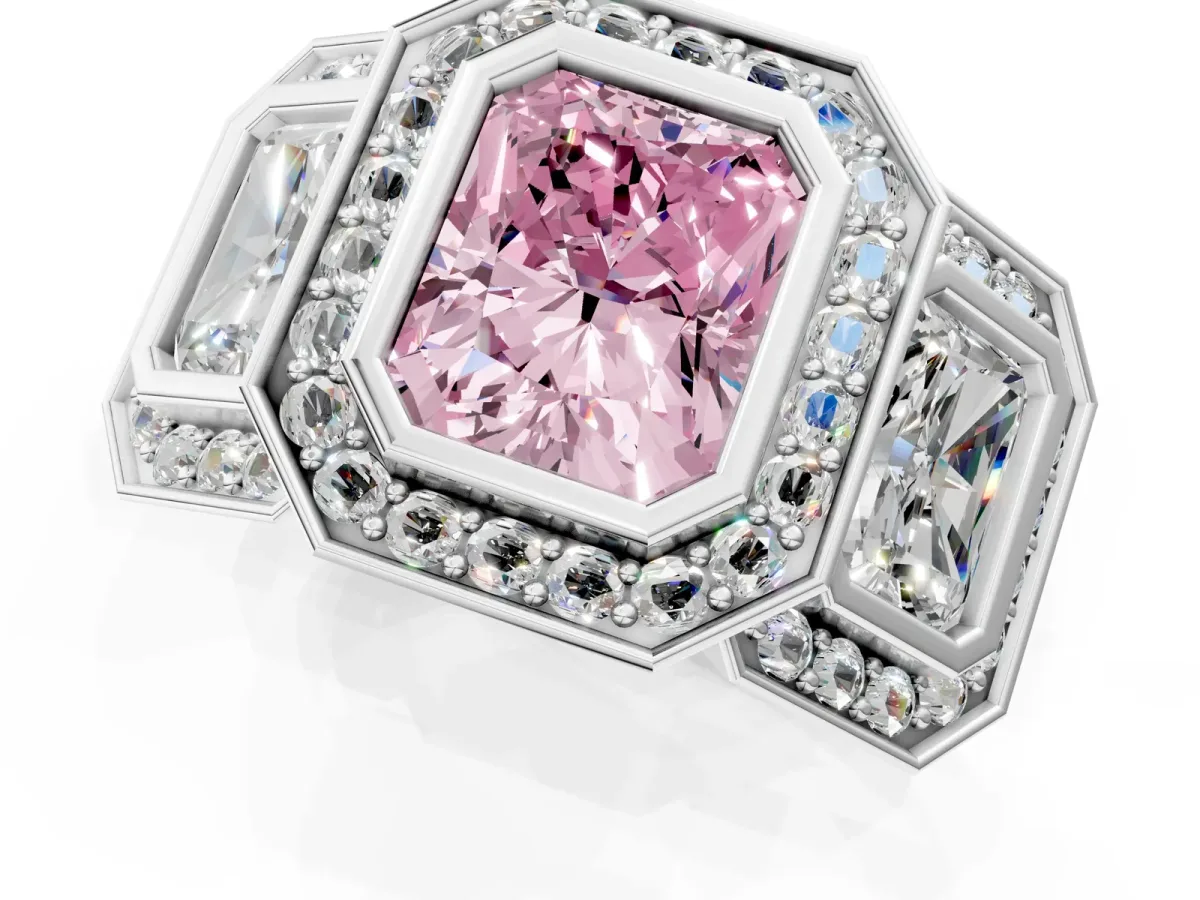 Fancy Pink Three-Stone Radiant Cut Halo Pavé Diamond Ring Platinum