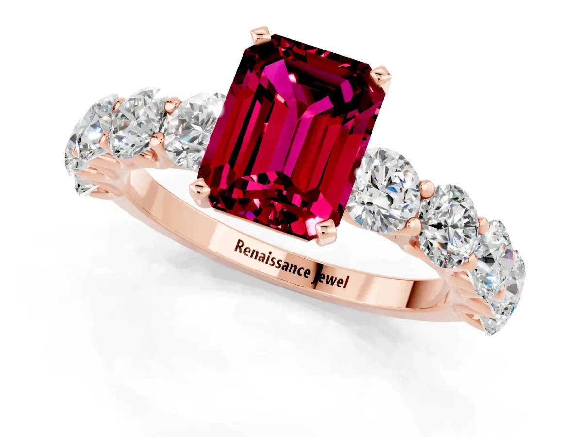 Emerald Cut Garnet Prong Setting with Side Stones on a Pave Band Rose gold