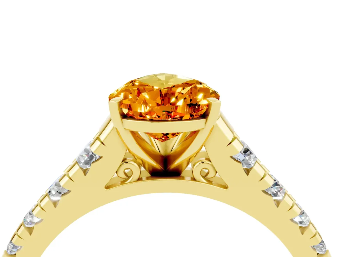 Pear Cut Citrine Cathedral Solitaire Ring with Round Pavé Band Yellow gold