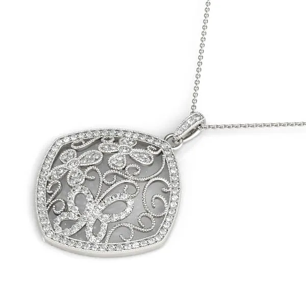 Pavé Diamond Floral Filigree Pendant Silver