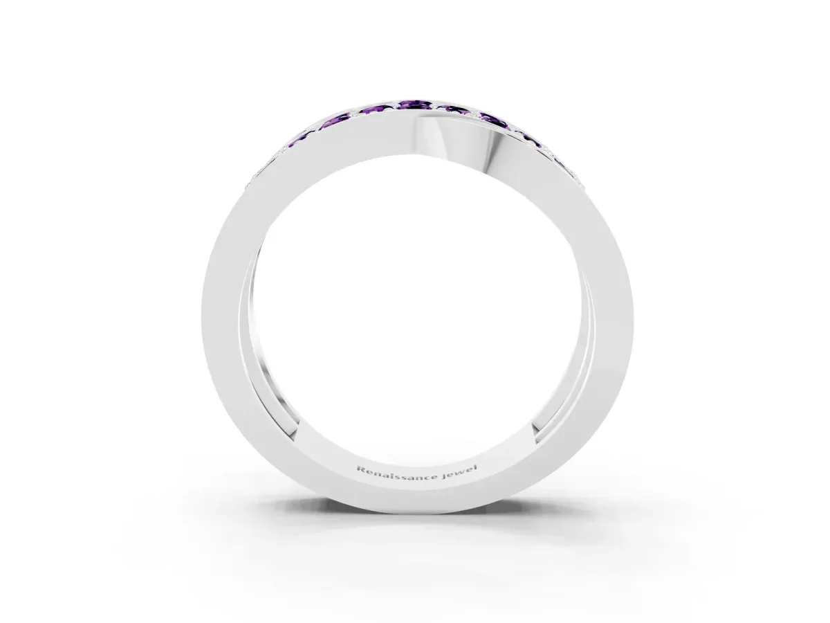 Pavé Round Amethyst Crossover Band with Bead Prong Setting Platinum