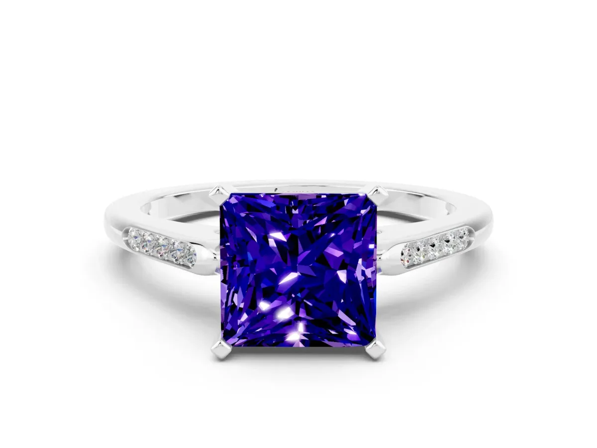 Princess Cut Tanzanite Solitaire Ring with Channel Set Round Band and Prong Setting Silver