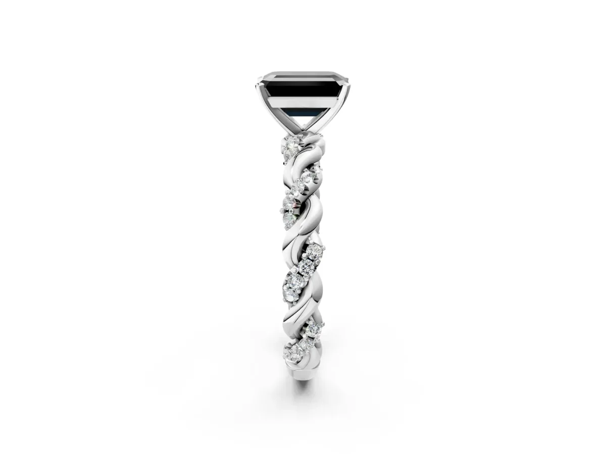 Fancy Black Emerald Cut Diamond Solitaire Ring with Twisted Band and Pavé Accents Platinum