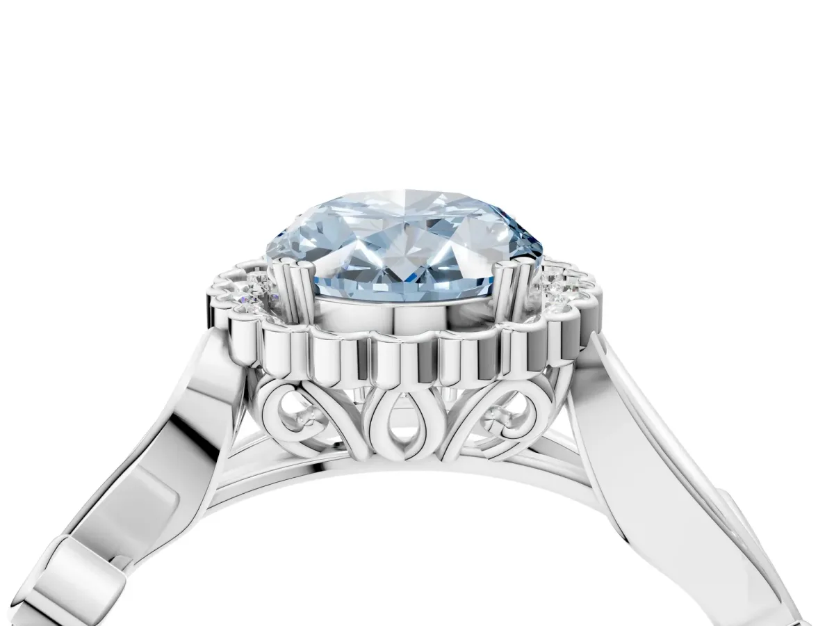 Fancy Blue Oval Cut Diamond Halo Ring with Vintage Split Shank and Four-Prong Setting Silver