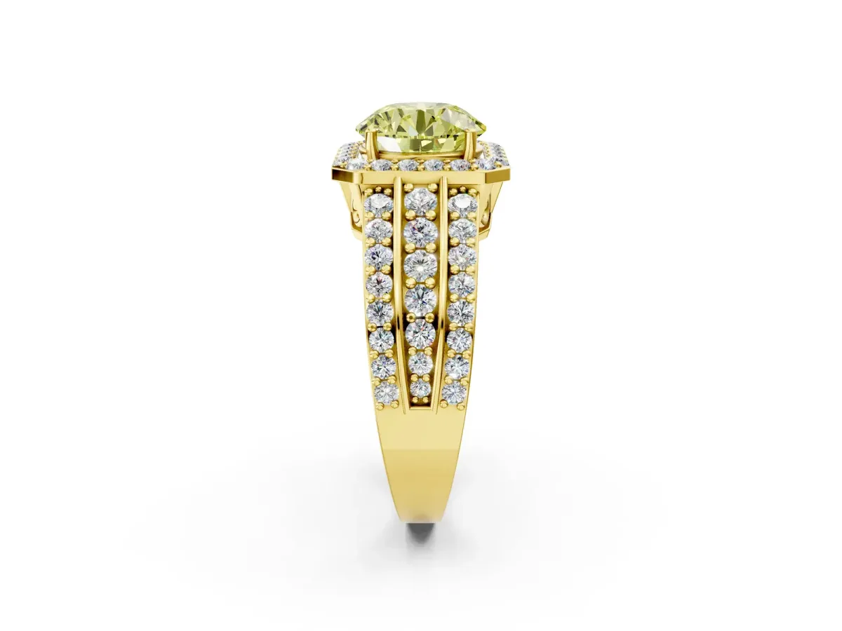 Fancy Yellow Round Cut Halo Diamond Ring with Round Split Shank and Prong Setting Yellow gold