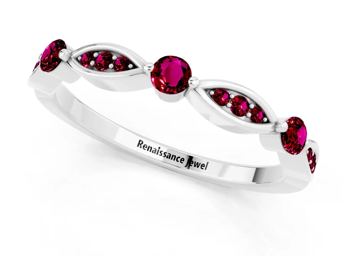Marquise and Round Garnet Milgrain Band with Bezel Setting White gold