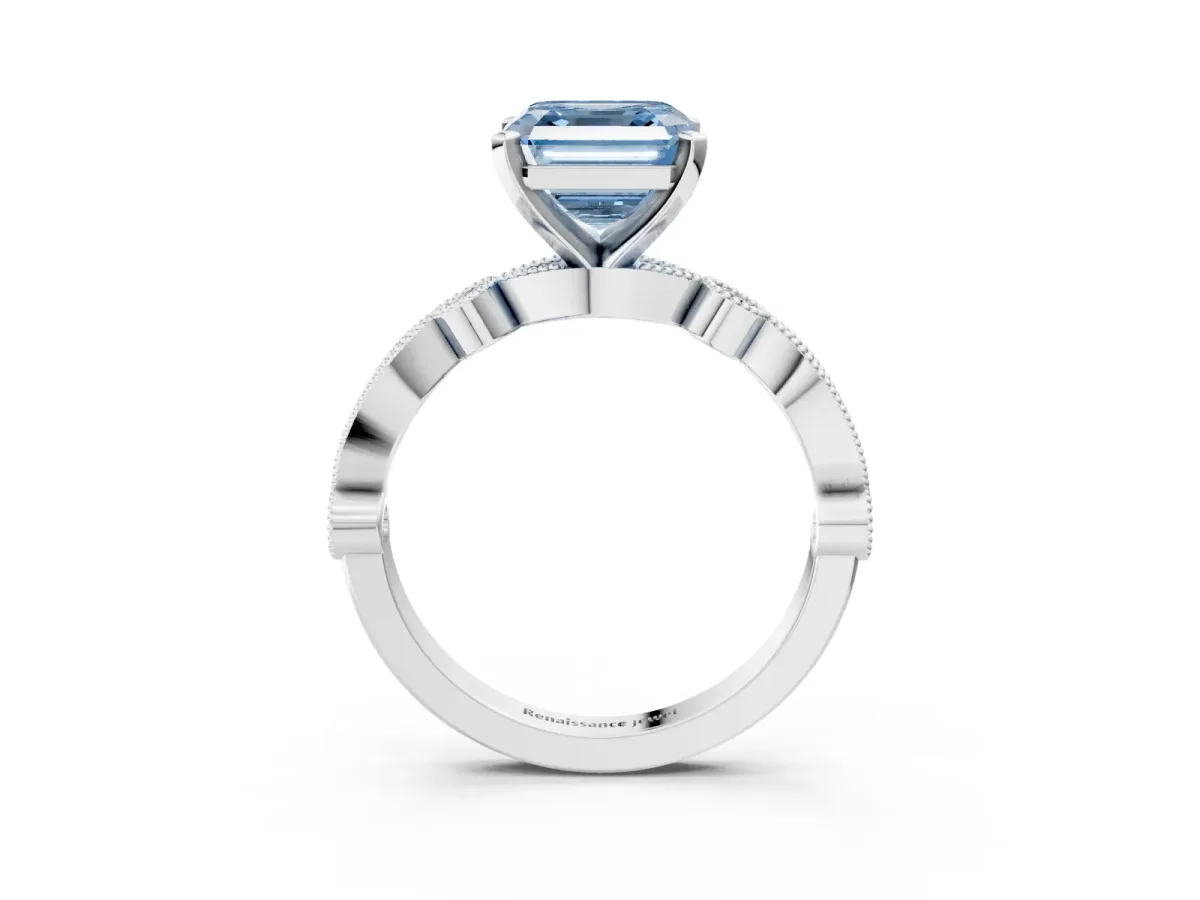 Fancy Blue Asscher Cut Milgrain Bezel Diamond Engagement Ring with Solitaire Prong Setting Platinum