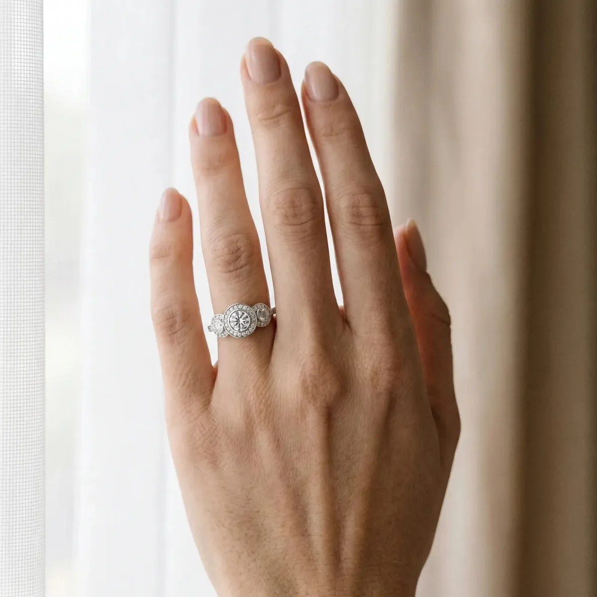 Three-Stone Asscher Cut Halo Pavé Diamond Ring Platinum