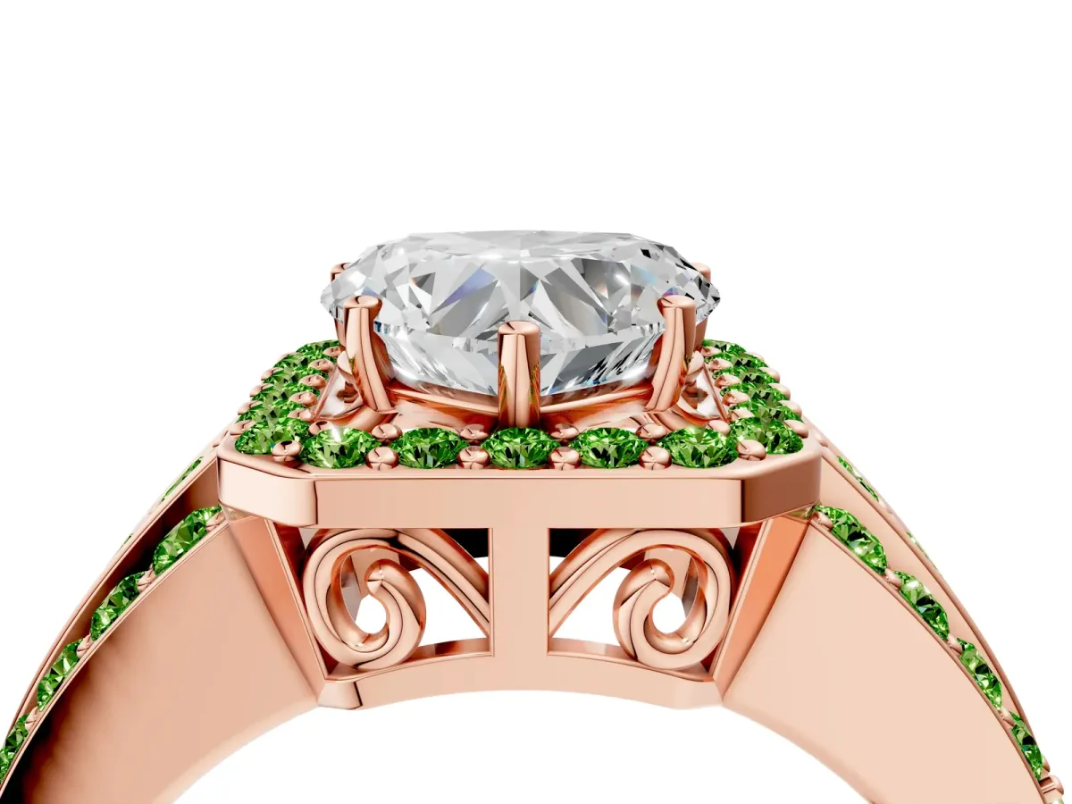 Heart Cut Halo Diamond Ring with Round Peridot Split Shank and Prong Setting Rose gold